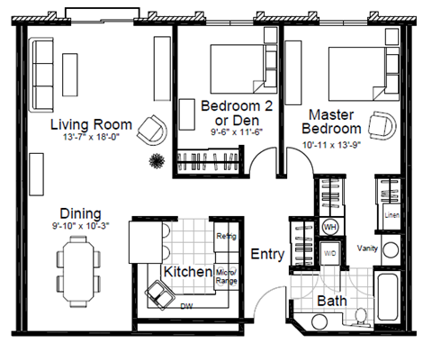 Floor plan for 2 beds, 1.3 baths, 1012 sqft